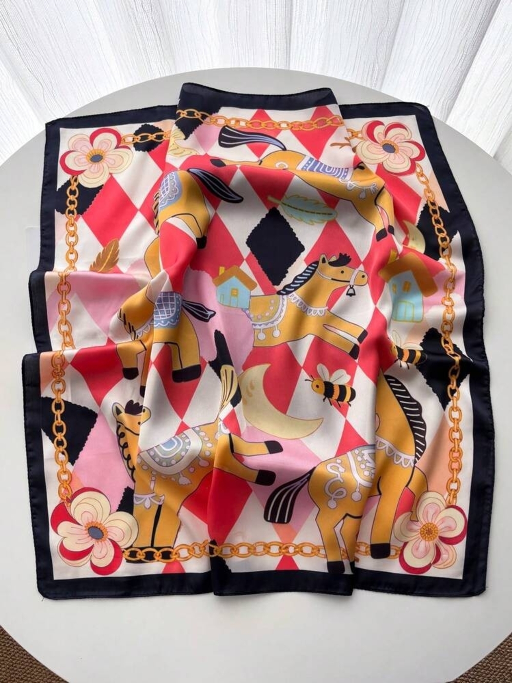 Silk-Feel Carousel Horse Print Square Scarf in Pink and Gold